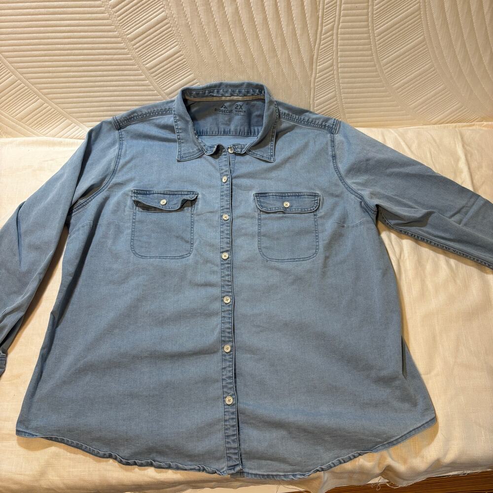 Ridgecut Toughwear Womens 2X Blue Denim Chambray Button Up Work Shirt LongSleeve